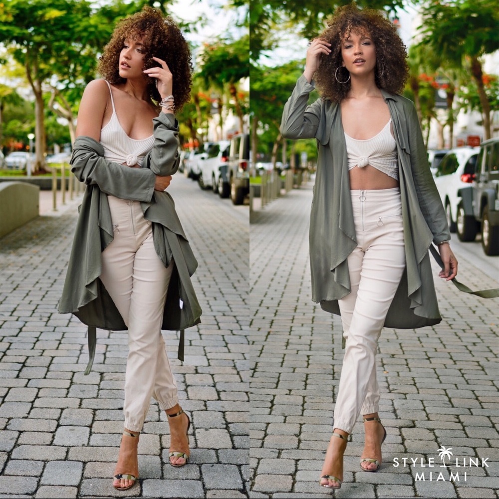 Olive Green Flowy Draped Trench Jacket